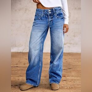 Flamingals Baggy Jeans for Women Straight Leg Mid Rise Stretchy Double Button L